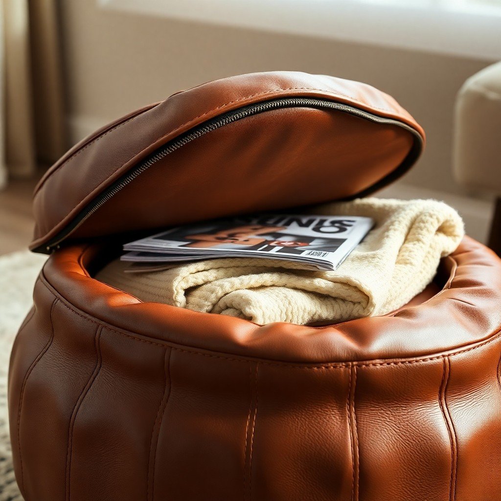 Dual-purpose leather pouf opened to show hidden storage for blankets and magazines inside.