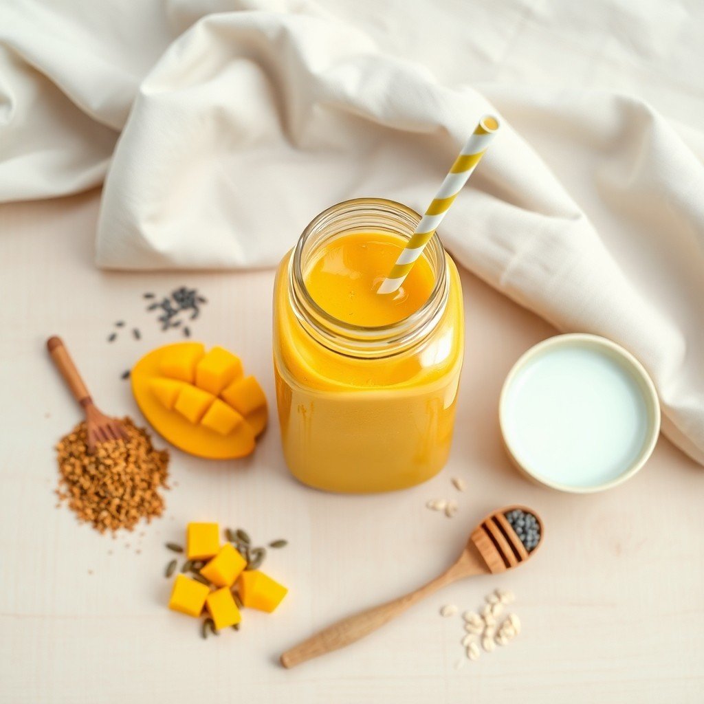 Healthy Moroccan cumin and mango smoothie with fresh ingredients flat lay