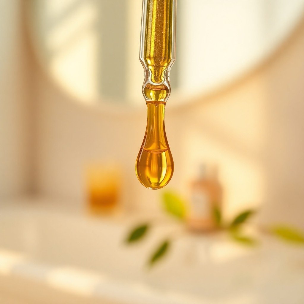 Macro close-up of a golden drop of nourishing facial oil dripping from a glass dropper.