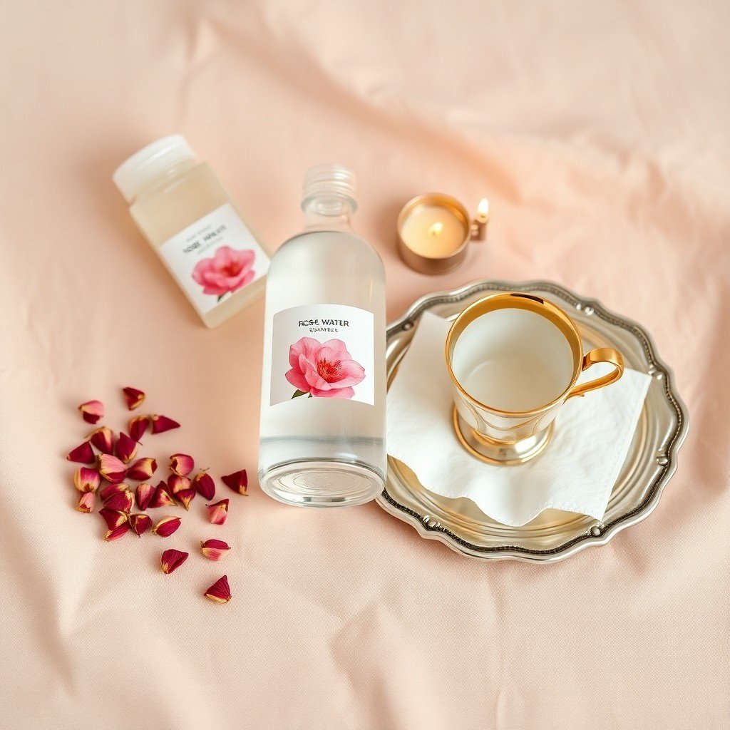 Flat lay of rose‑infused micellar water, cotton pad, dried Moroccan rose buds, and candle creating a calming skincare scene