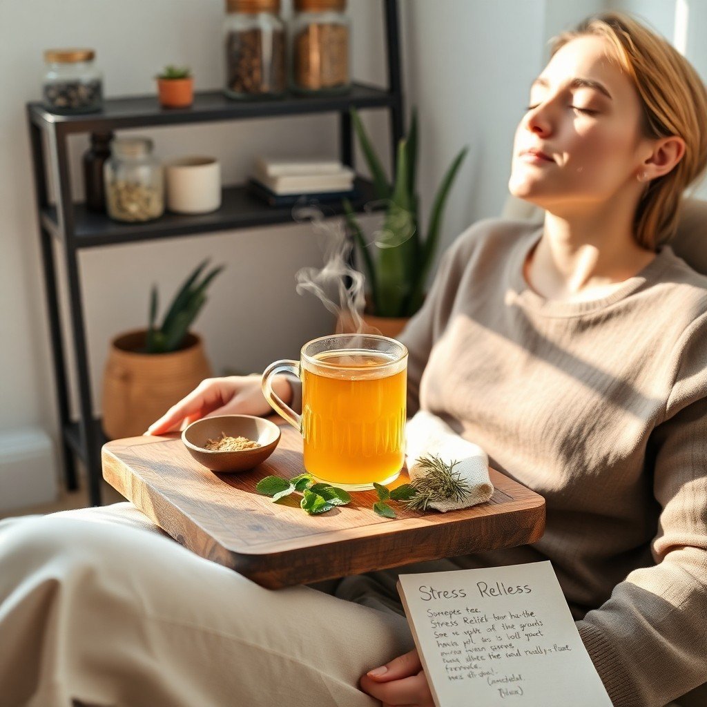 Person enjoying a healthy Moroccan herbal tea in a peaceful café setting with fresh herbs and wellness elements