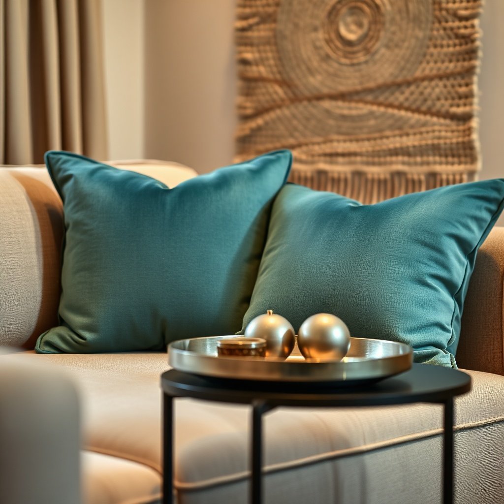 Close up of teal cushions and a metal tray on a neutral sofa, showcasing layered textures and color symmetry in Moroccan small space design.