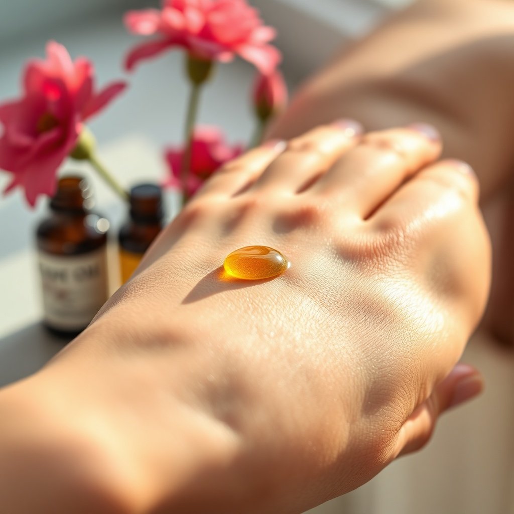 Woman applying organic argan oil on her skin with Moroccan flowers in background