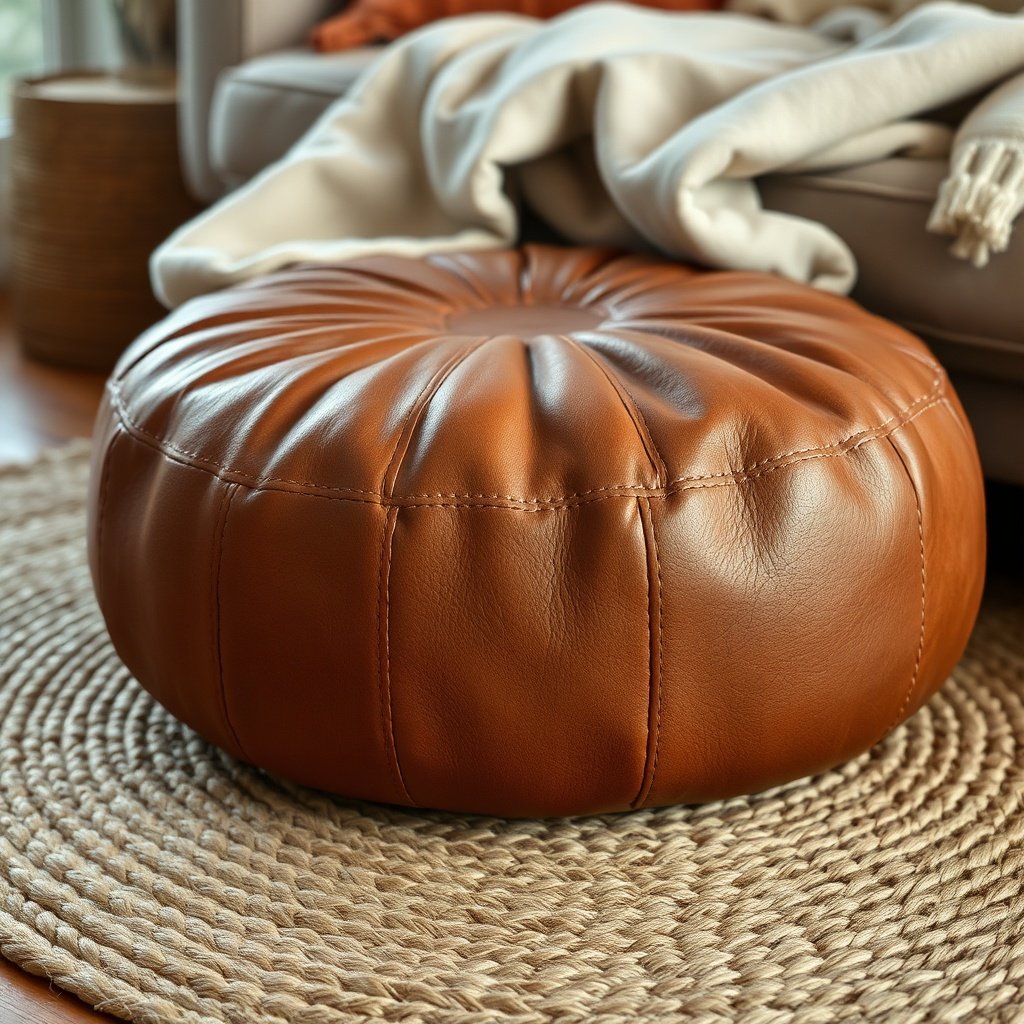 Close-up texture detail of a vegetable-tanned leather pouf with organic cotton throw blanket.