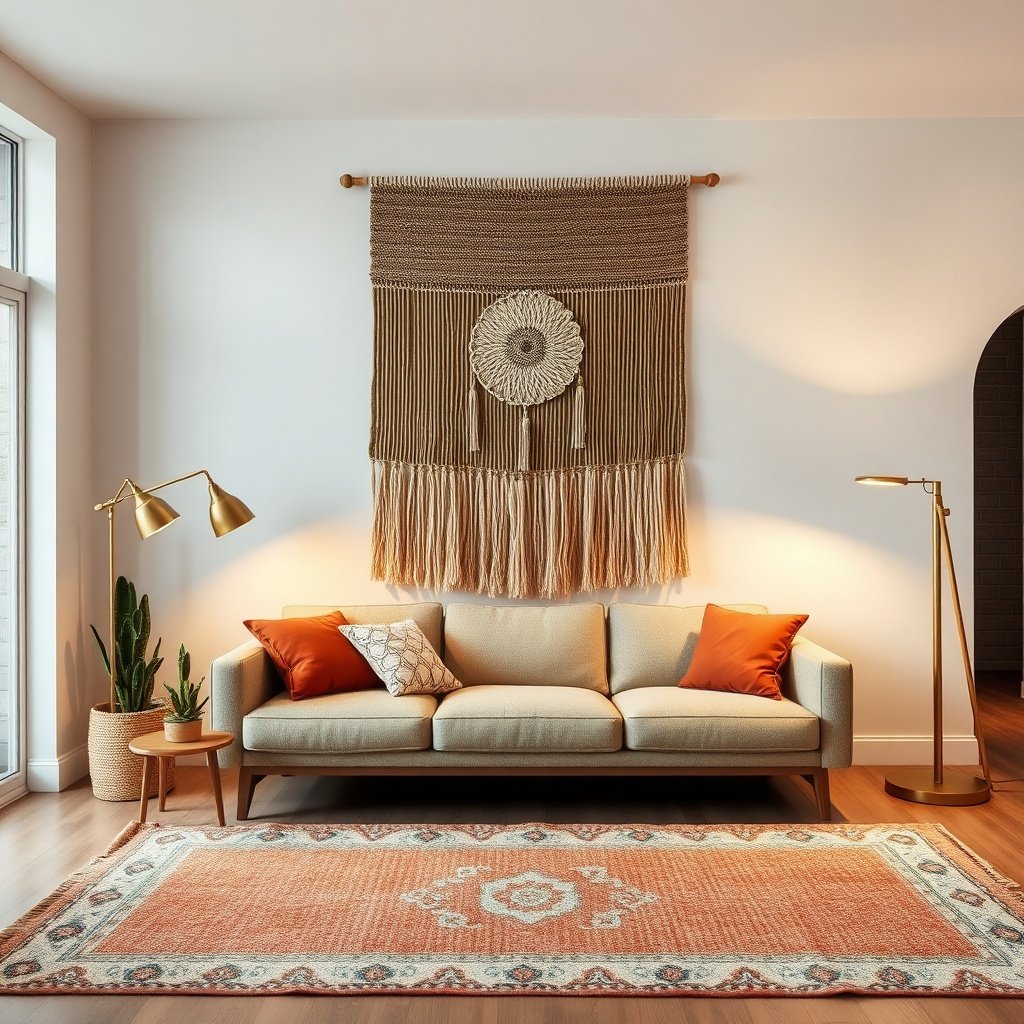 Styled living room showcasing a natural‑fiber Moroccan wall hanging above a sofa with complementary décor