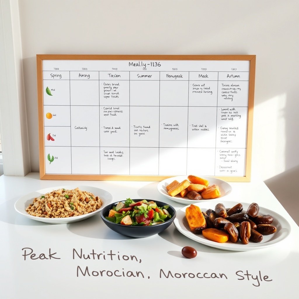 Weekly meal‑planning board with Moroccan superfoods and plated dishes like tagine, almond salad, and dates