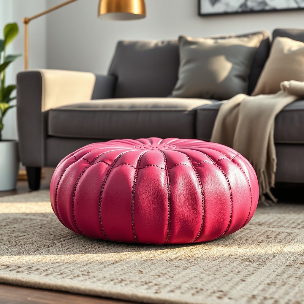 Pink Moroccan leather pouf styled as a footrest next to a modern sectional sofa