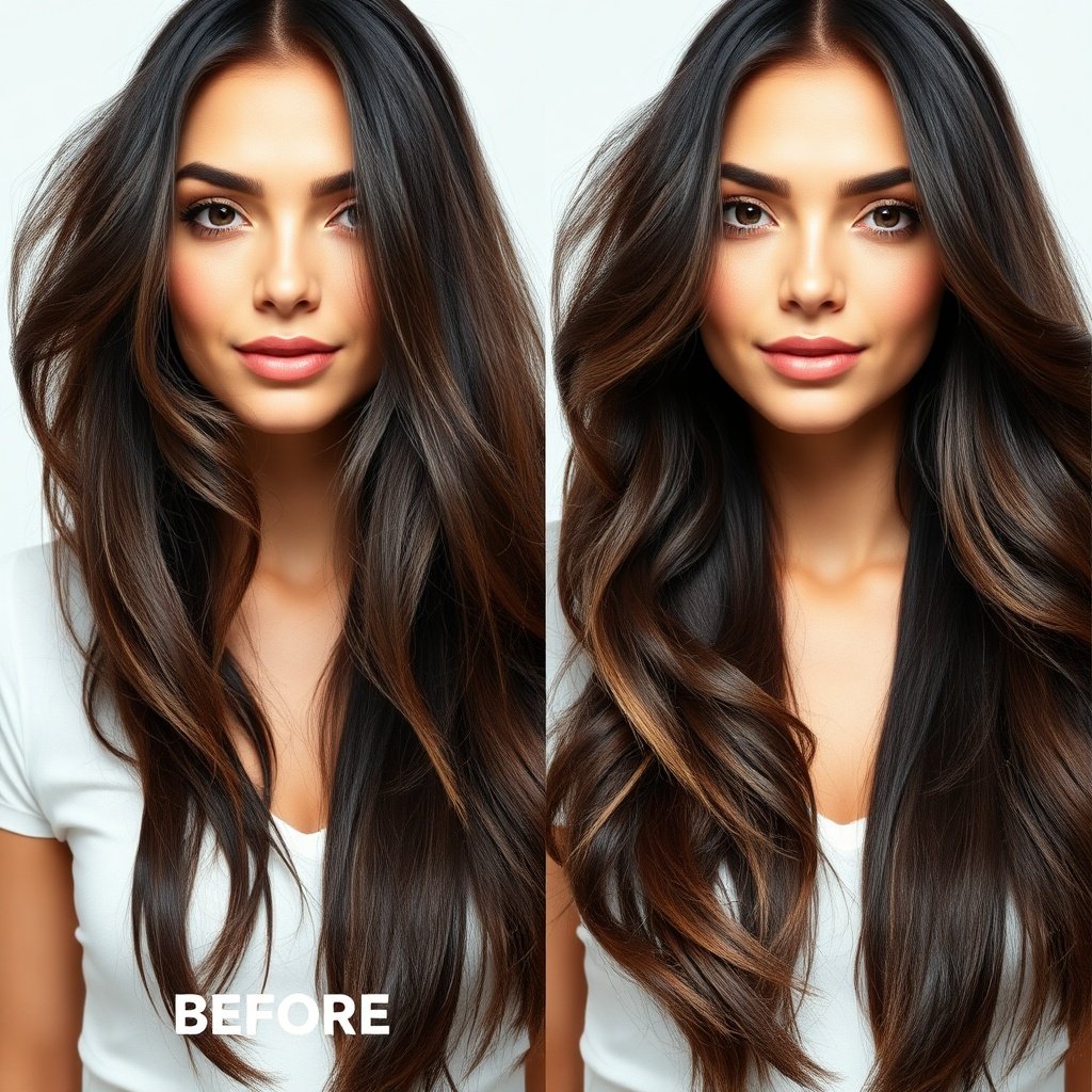 Before and after comparison of hair treated with argan oil, showing dull hair on the left and shiny, smooth hair on the right