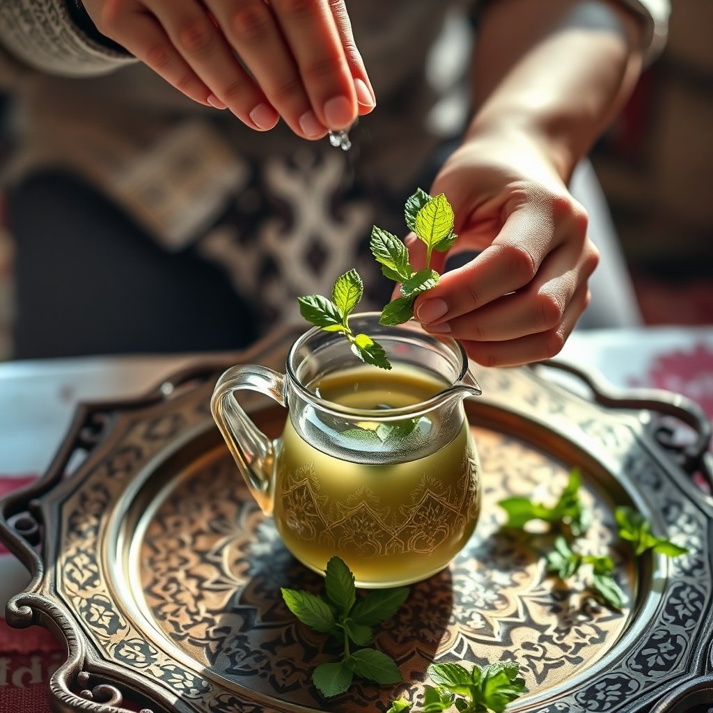 Hands preparing Moroccan mint tea with fresh spearmint leaves