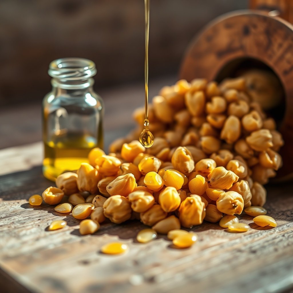 Traditional argan kernel press extracting oil with a clear glass bottle nearby