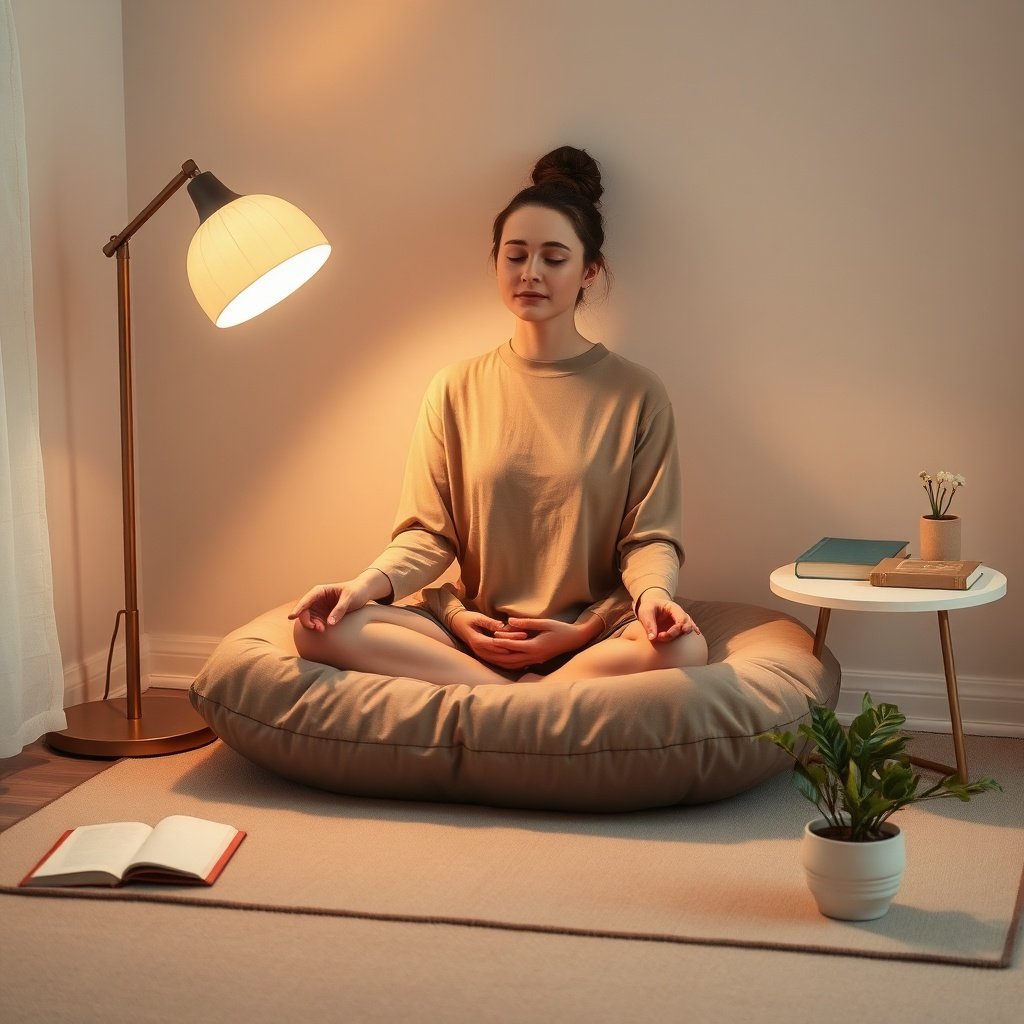 Person meditating in a cozy nook with calming elements for relaxation and mindfulness practices