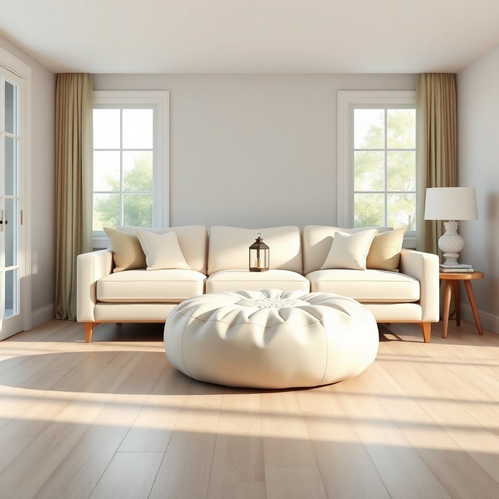 Floating layout in small living room with creamy white leather pouf as center anchor