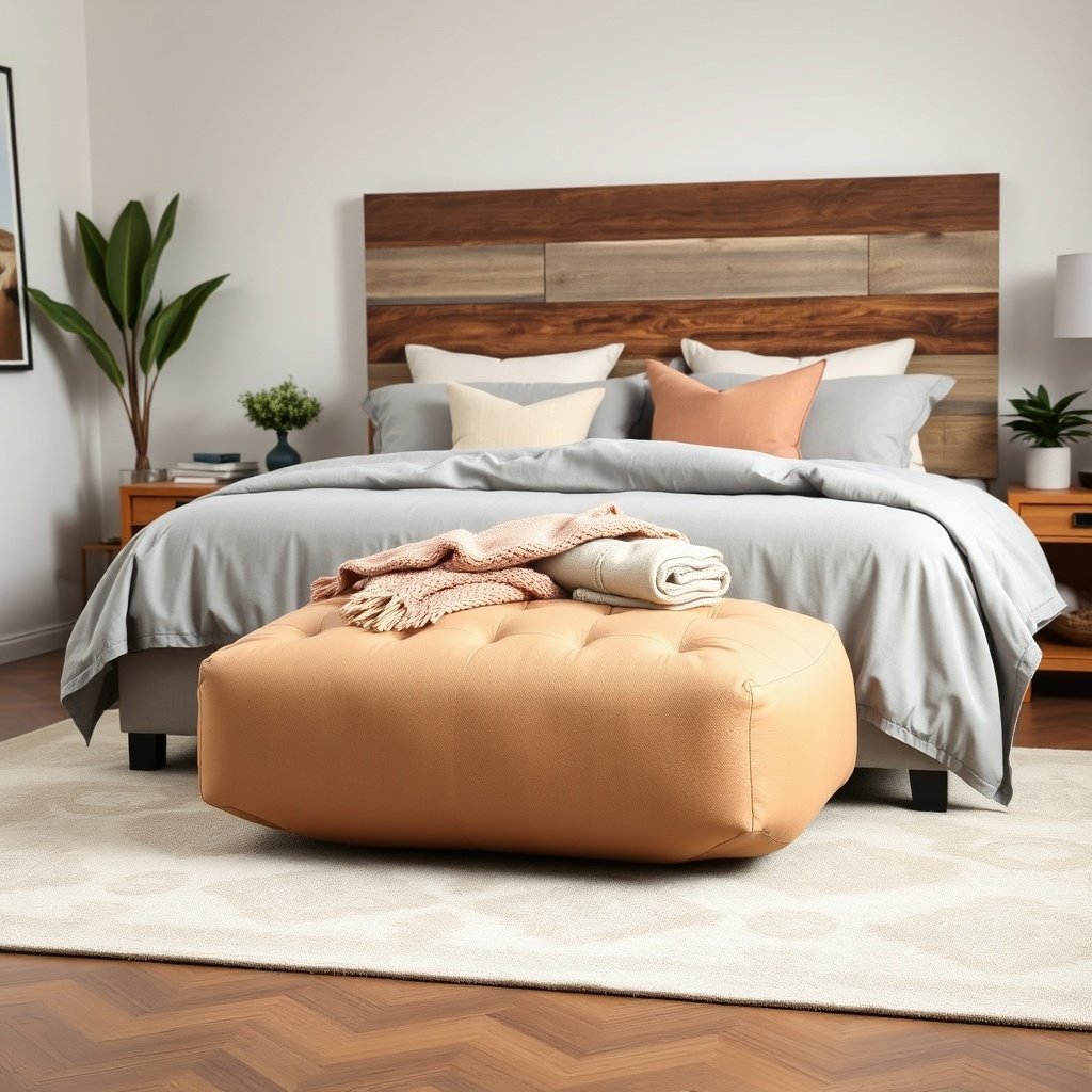 Moroccan leather pouf in bedroom with plush bed and minimalist decor