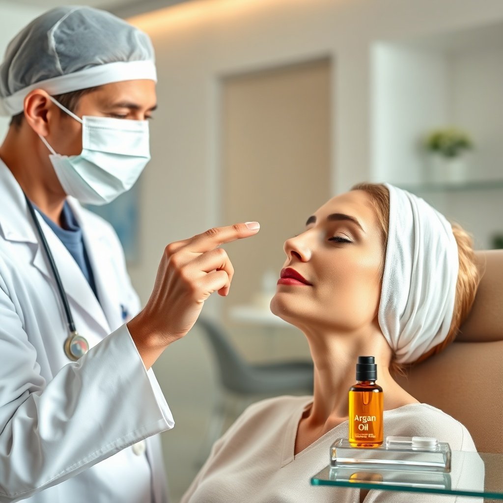 Dermatologist applying argan oil to patient's face in a modern clinic