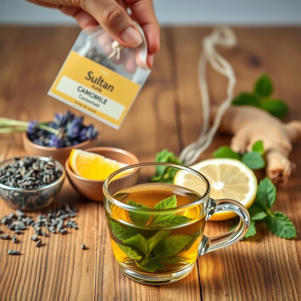 Close‑up of diverse herbal tea bags and fresh herbs around a steaming cup