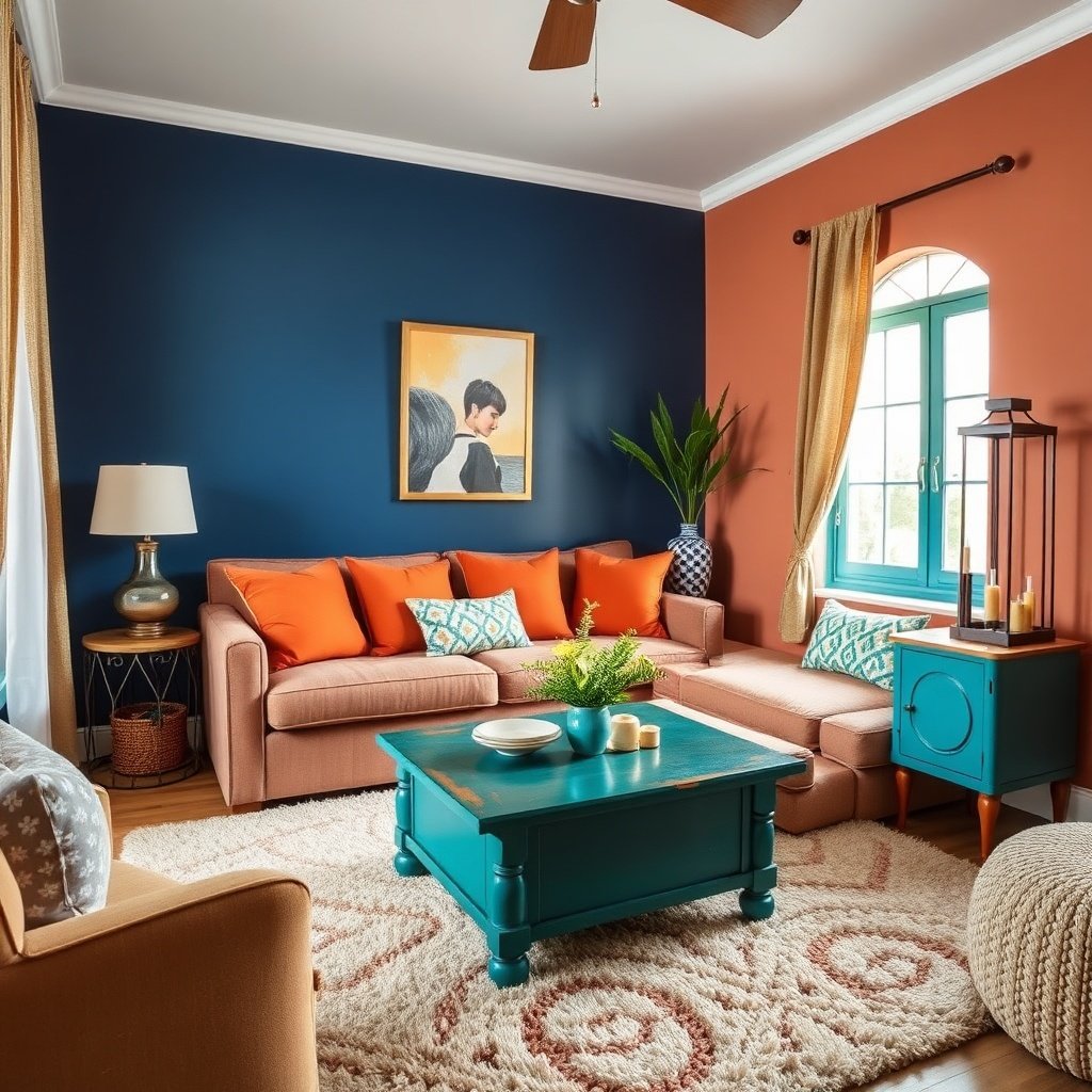 Moroccan-inspired living room with deep blue feature wall and terracotta accents on a budget