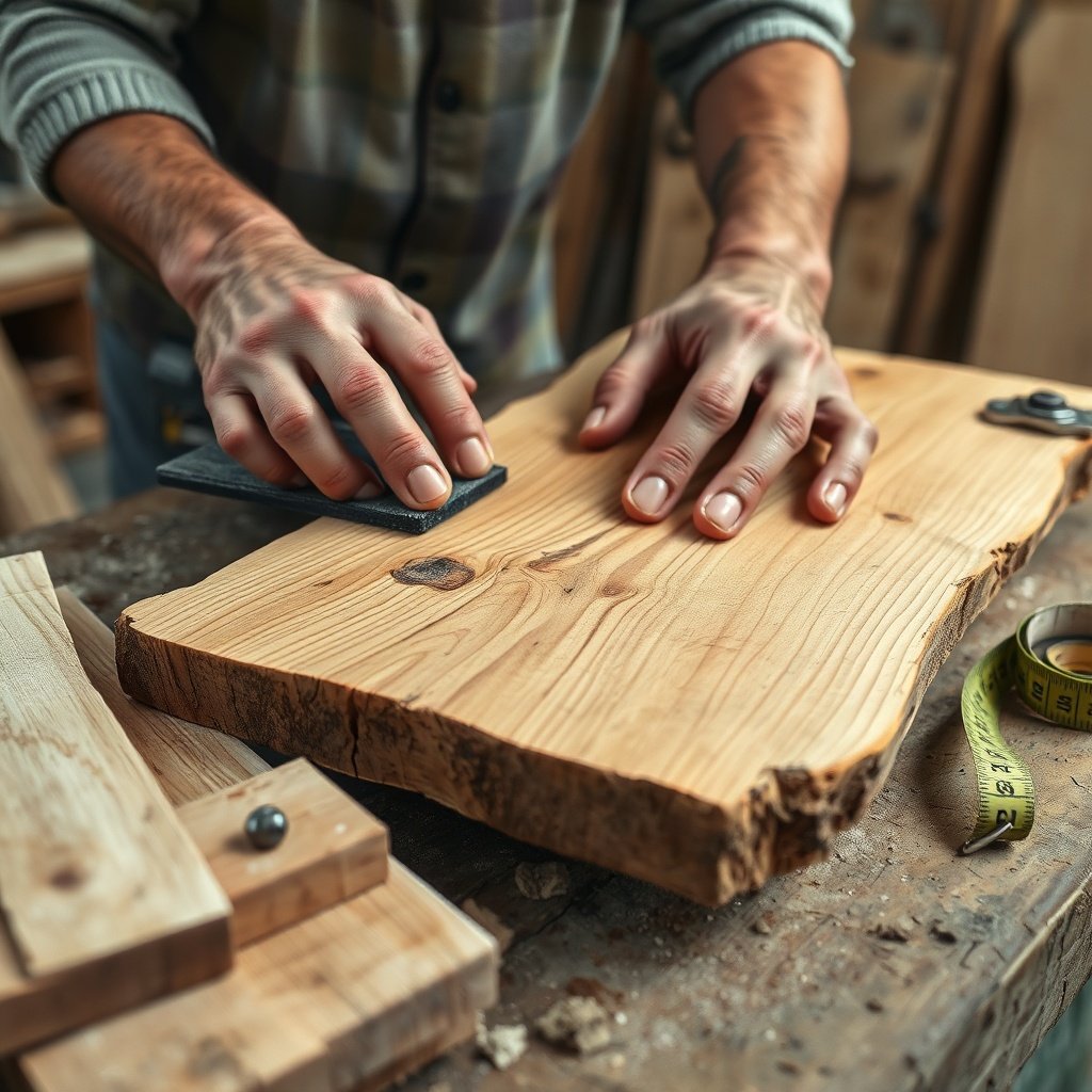 Hand sanding reclaimed pine timber to create sustainable furniture