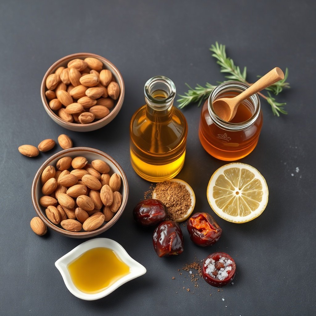 Montage of Moroccan snack ingredients: raw almonds, argan oil, honey, dates, cumin, preserved lemon and sea salt