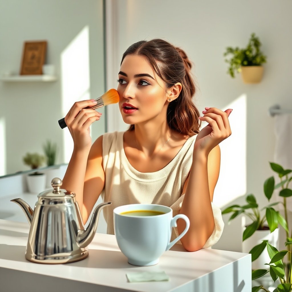 Woman applying argan oil to her face while sipping green tea in a bright bathroom