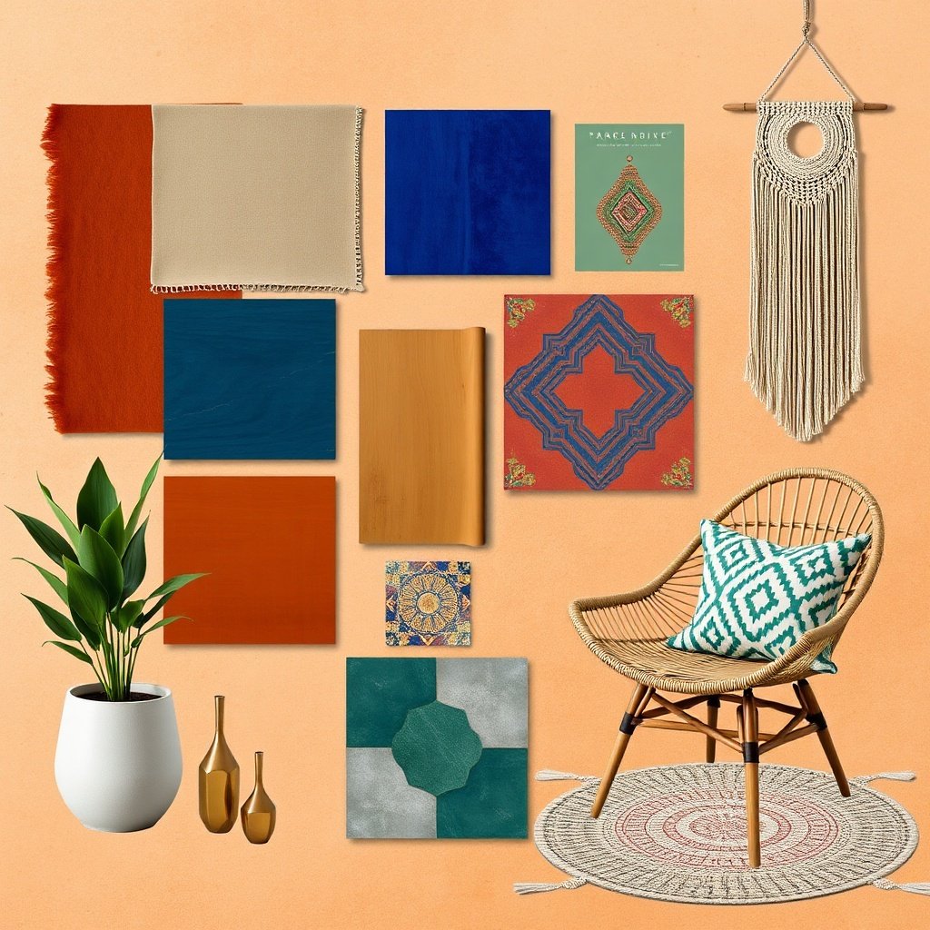Boho Moroccan mood board interior design inspiration with earth tones and vibrant colors