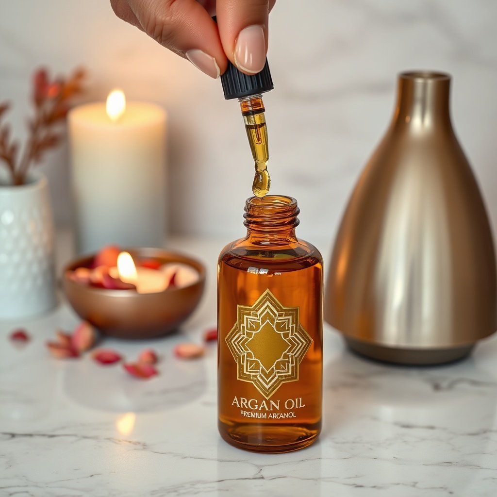 Close‑up of premium argan oil bottle with dropper releasing a droplet, surrounded by spa accessories for aromatherapy