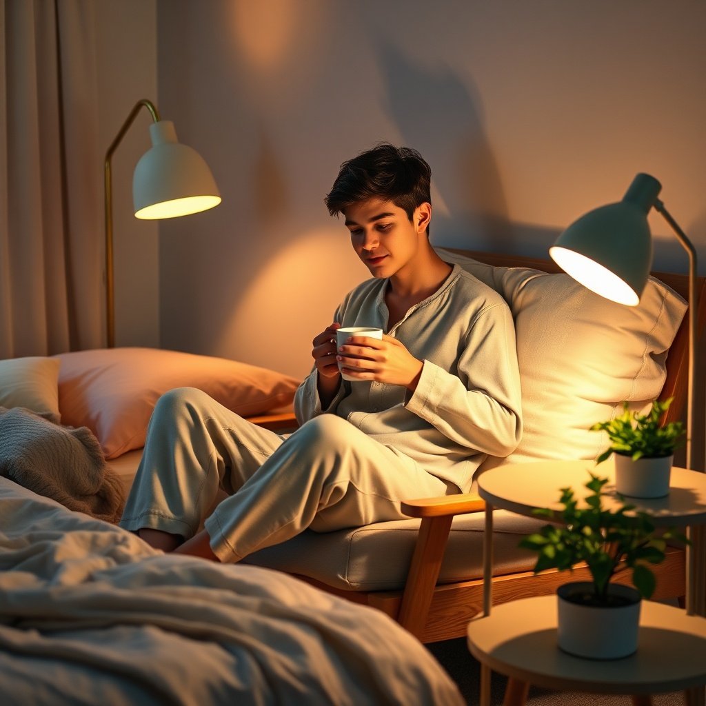 Nighttime sleep ritual with a person sipping lemon balm tea in a softly lit bedroom, featuring a bedside lamp and a potted lemon balm plant