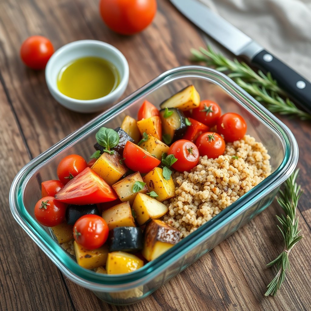 Glass meal prep container with roasted Mediterranean vegetables, quinoa, and fresh herbs