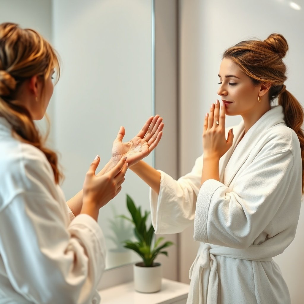Woman applying homemade argan oil body scrub to forearms in a spa‑like bathroom