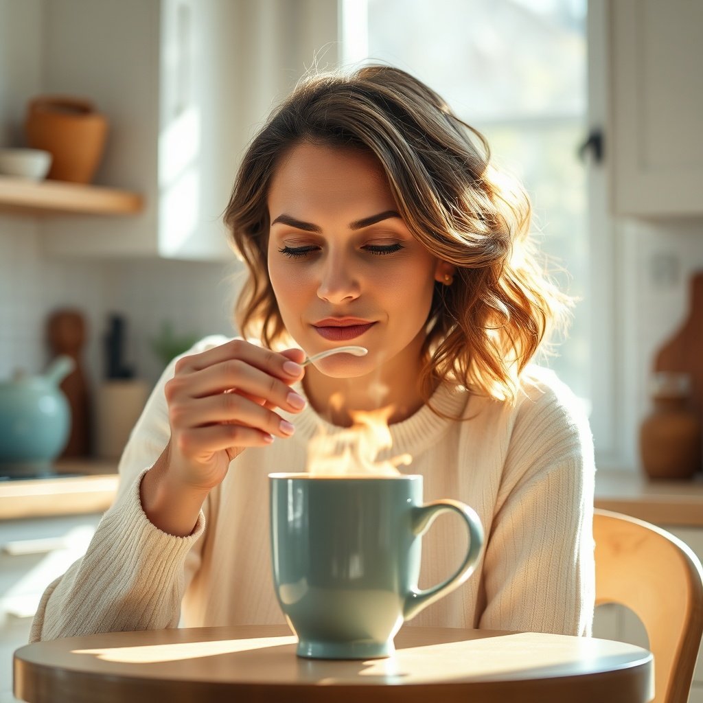 Woman sipping herbal tea with glowing skin in natural light
