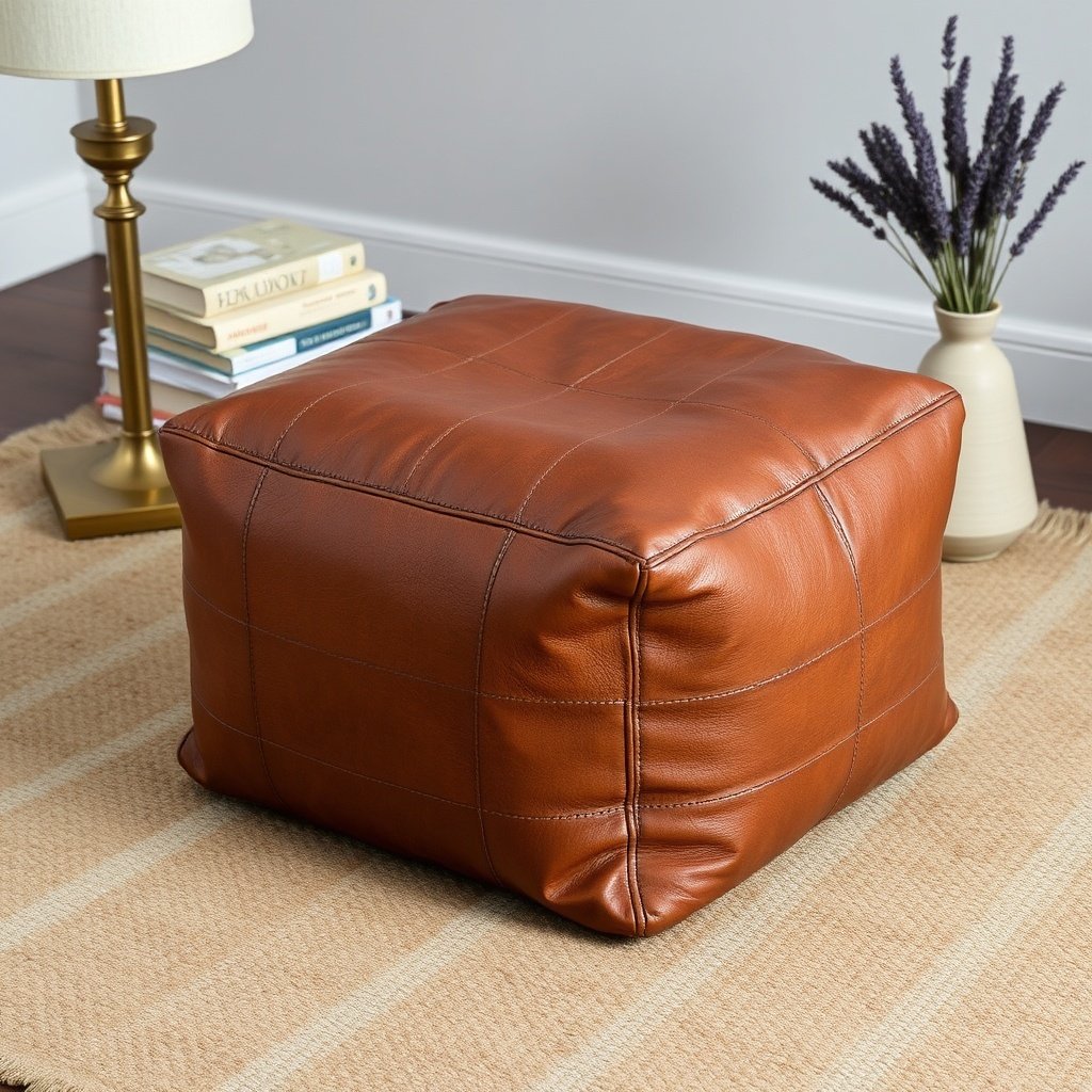 Close‑up view of a brown Moroccan leather pouf with hand‑stitched seams, displayed on a kilim rug with complementary accessories