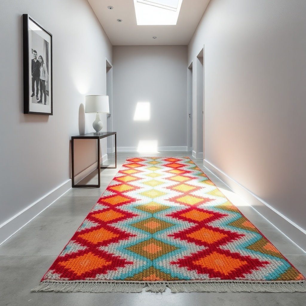 Vibrant red, orange, and turquoise Azilal Moroccan runner rug with zigzag pattern lining a neutral hallway with natural skylight