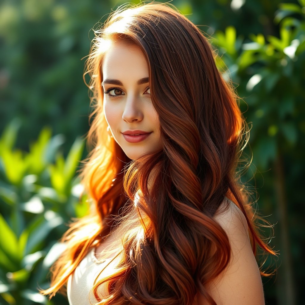 Person with vibrant deep auburn hair colored using natural henna for hair, showcasing shine and thickness in a garden setting