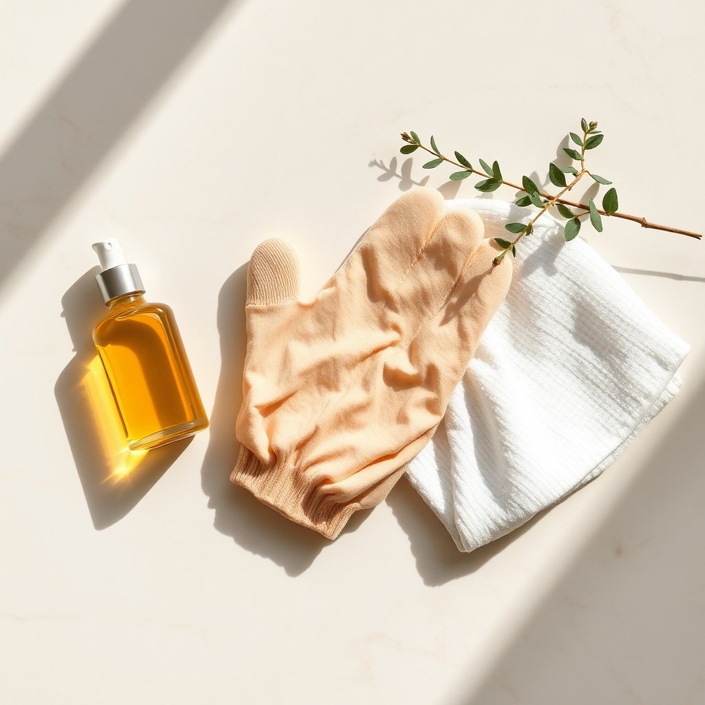 A textured exfoliating glove displayed with natural skincare products to illustrate safe use and proper skin barrier protection.