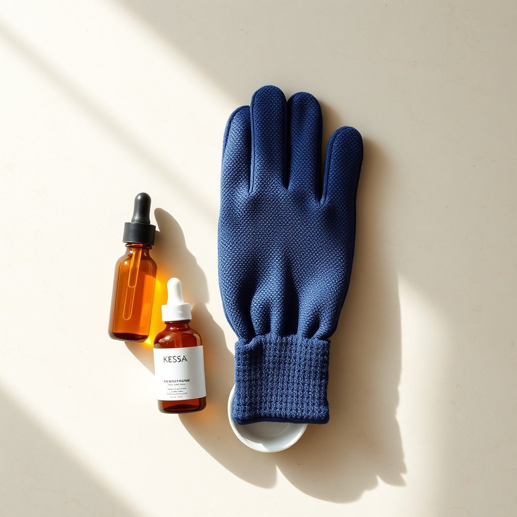 A flat lay of a healthy skin routine featuring an antimicrobial kessa exfoliating glove, a gentle cleanser, and a hydrating serum.