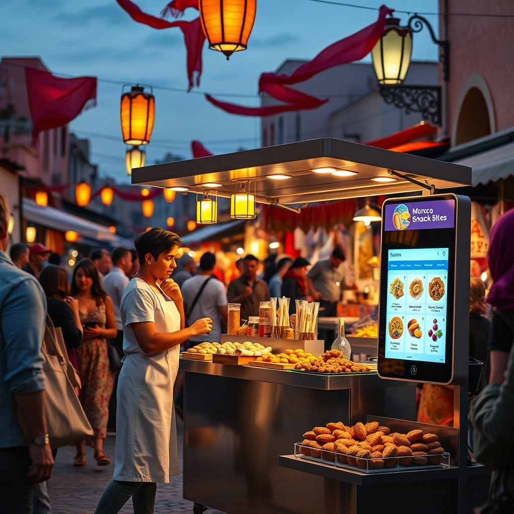 Street scene of Moroccan snacks and bakery items with modern health‑focused bites served from a contemporary market stall