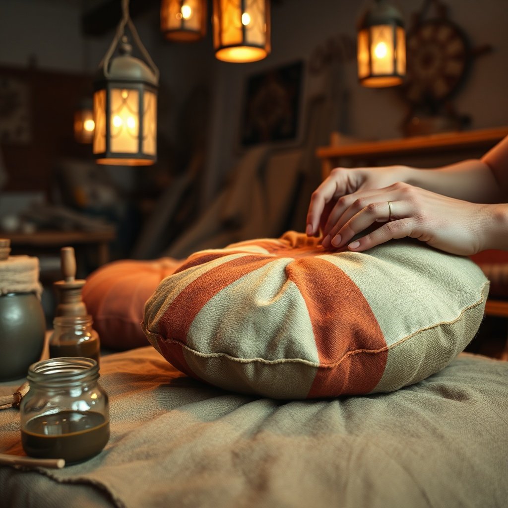 Artisan workshop scene showing sustainable hand‑dyeing of a terracotta and sage Moroccan pouf, illustrating eco‑friendly Moroccan pouf styles