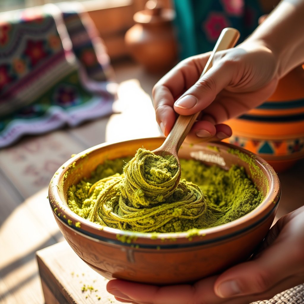 Hands preparing authentic Moroccan henna paste in a ceramic bowl, demonstrating the stringy texture essential for beginners.