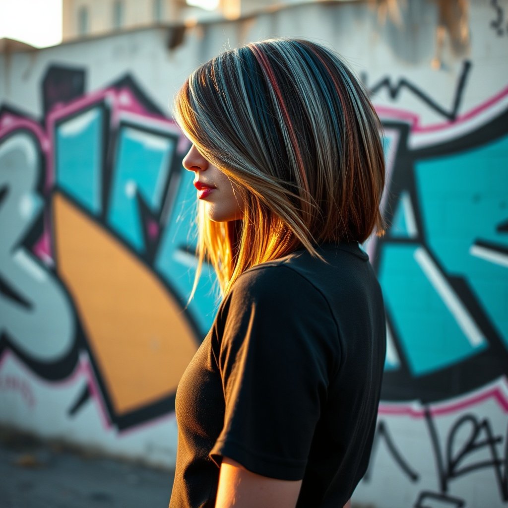 Fashionable person with bold geometric henna hair ideas, featuring teal‑brown, ash‑gray, and rust color blocks against an urban backdrop