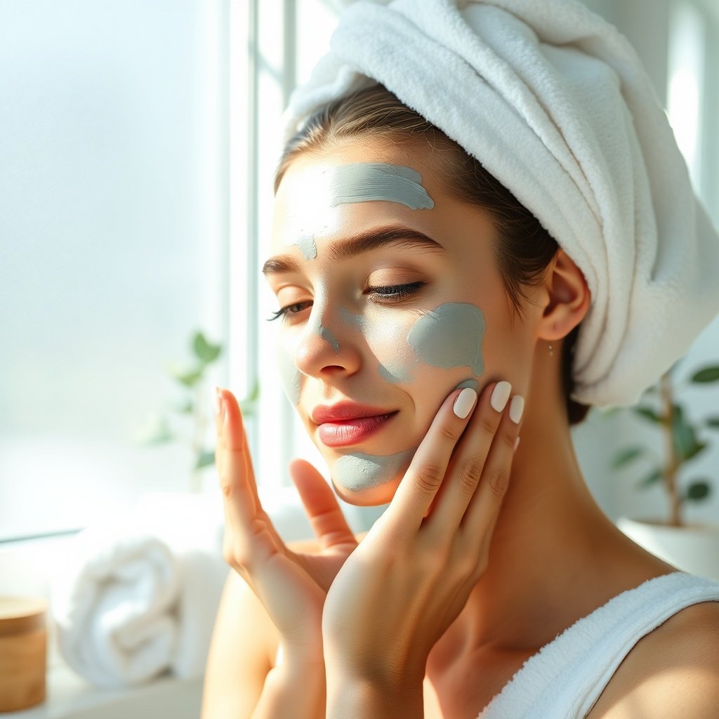 Woman applying Rhassoul clay for acne as a soothing facial mask in a bright, natural‑light bathroom setting