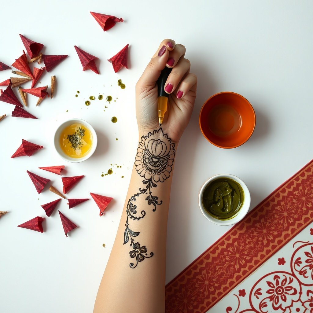 Applying intricate Moroccan henna designs with a jacquard bottle, a perfect technique for beginners learning control.
