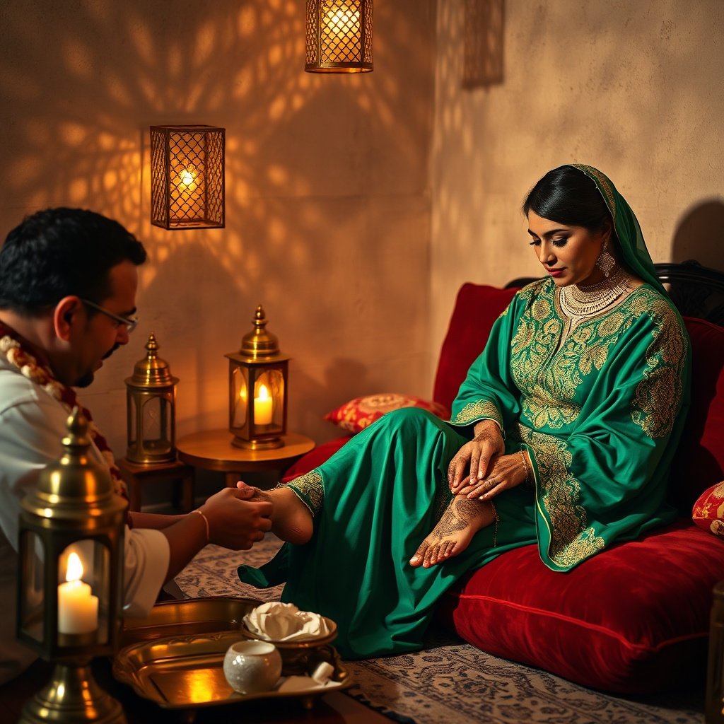 A woman receiving intricate North African henna art on her feet during a traditional Moroccan pre-wedding henna night ceremony.