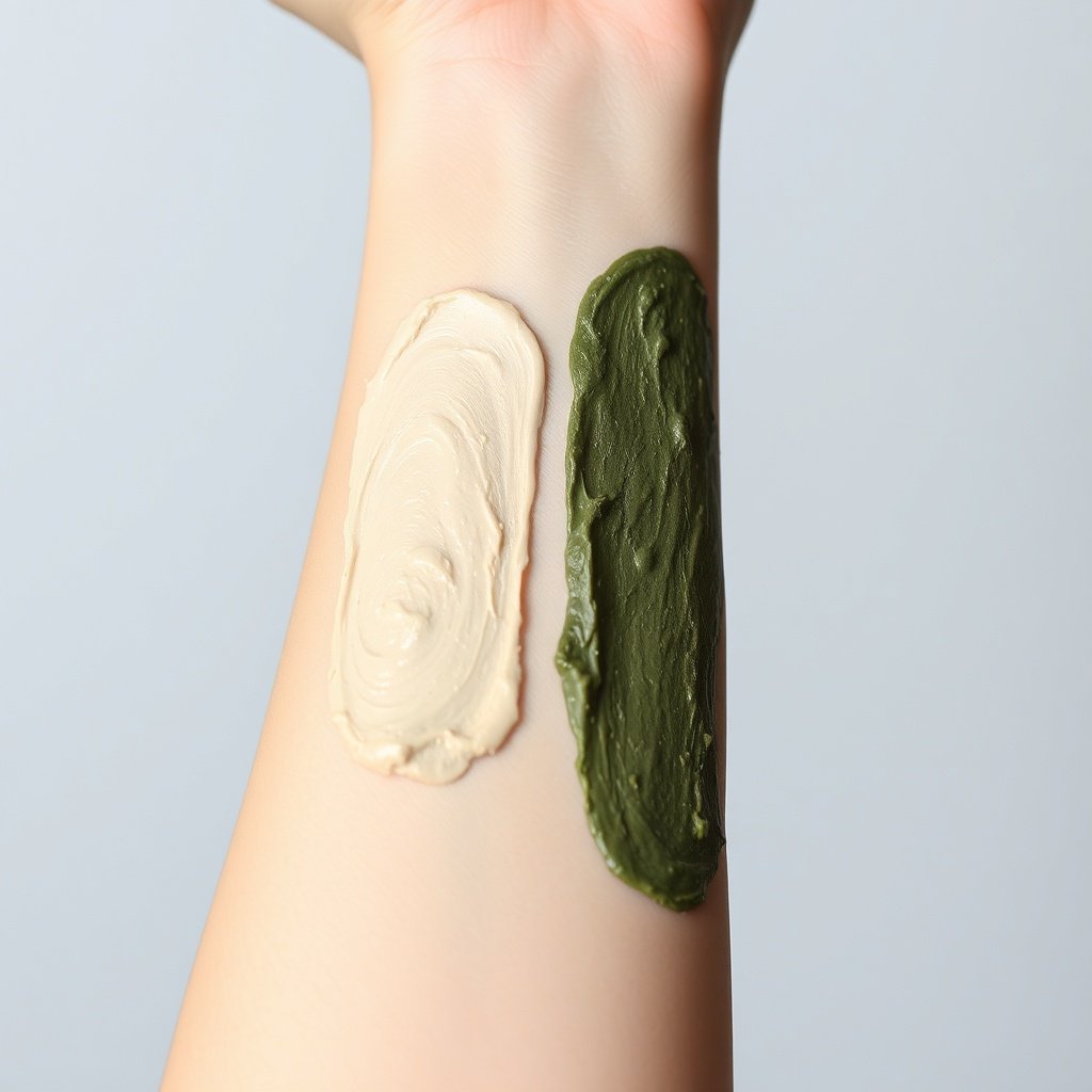 Rhassoul clay vs mud masks drying comparison on skin: smooth beige rhassoul clay on left, cracked dark green mud mask on right, showing different shrinkage and tightness.