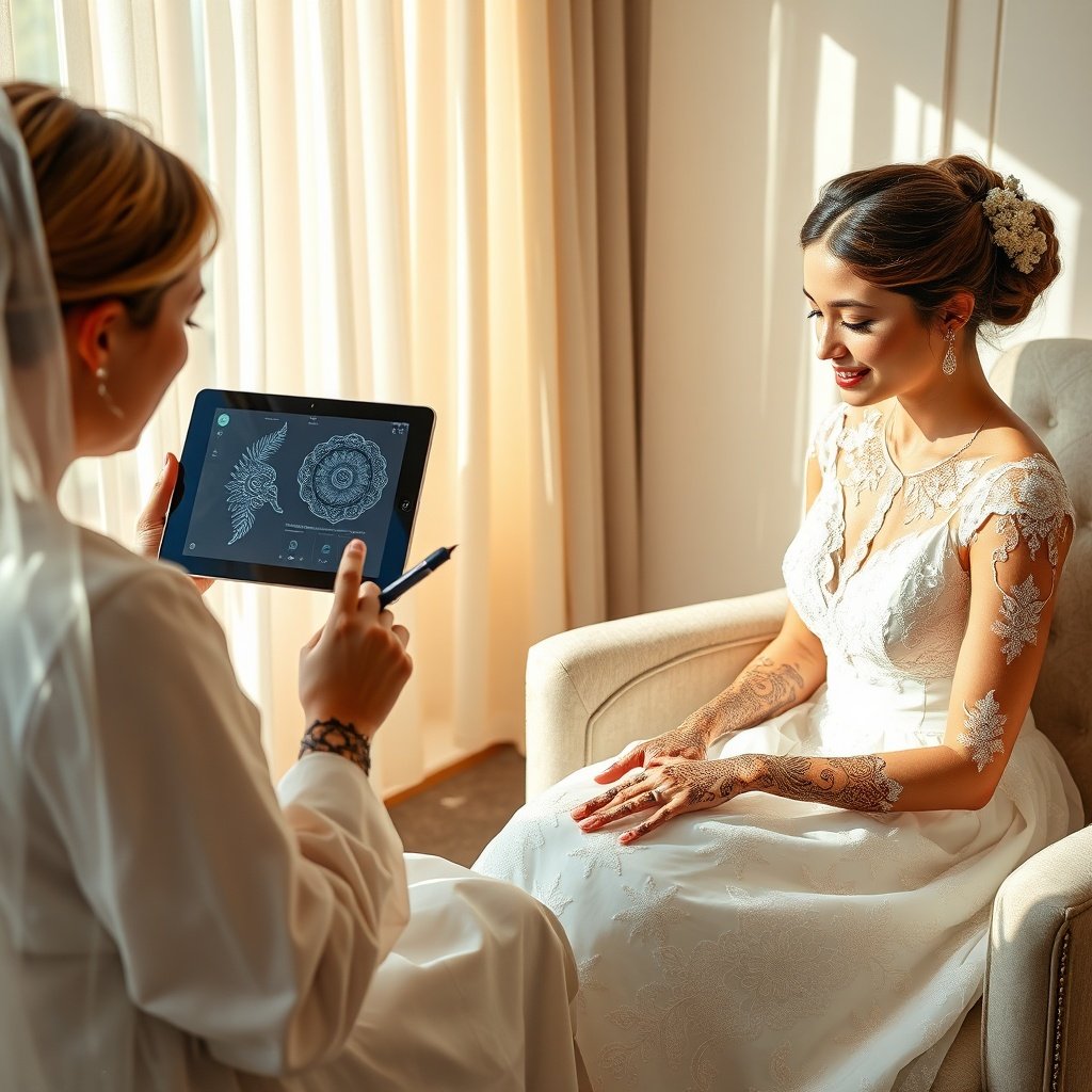 Bride receiving henna using AR preview and laser‑guided tools, highlighting modern henna art trends with eco‑friendly glitter and multicultural motifs