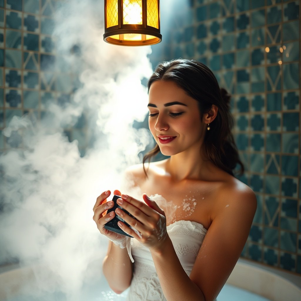 Woman using Moroccan black soap in a steamy Moroccan hammam, highlighting the soap’s exfoliating lather and traditional setting