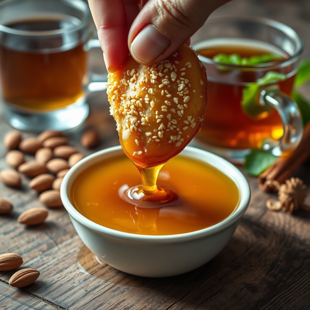 Close up of honey being drizzled over sesame seed Chebakia pastries, illustrating the preparation methods found in a comprehensive Moroccan pastries guide.