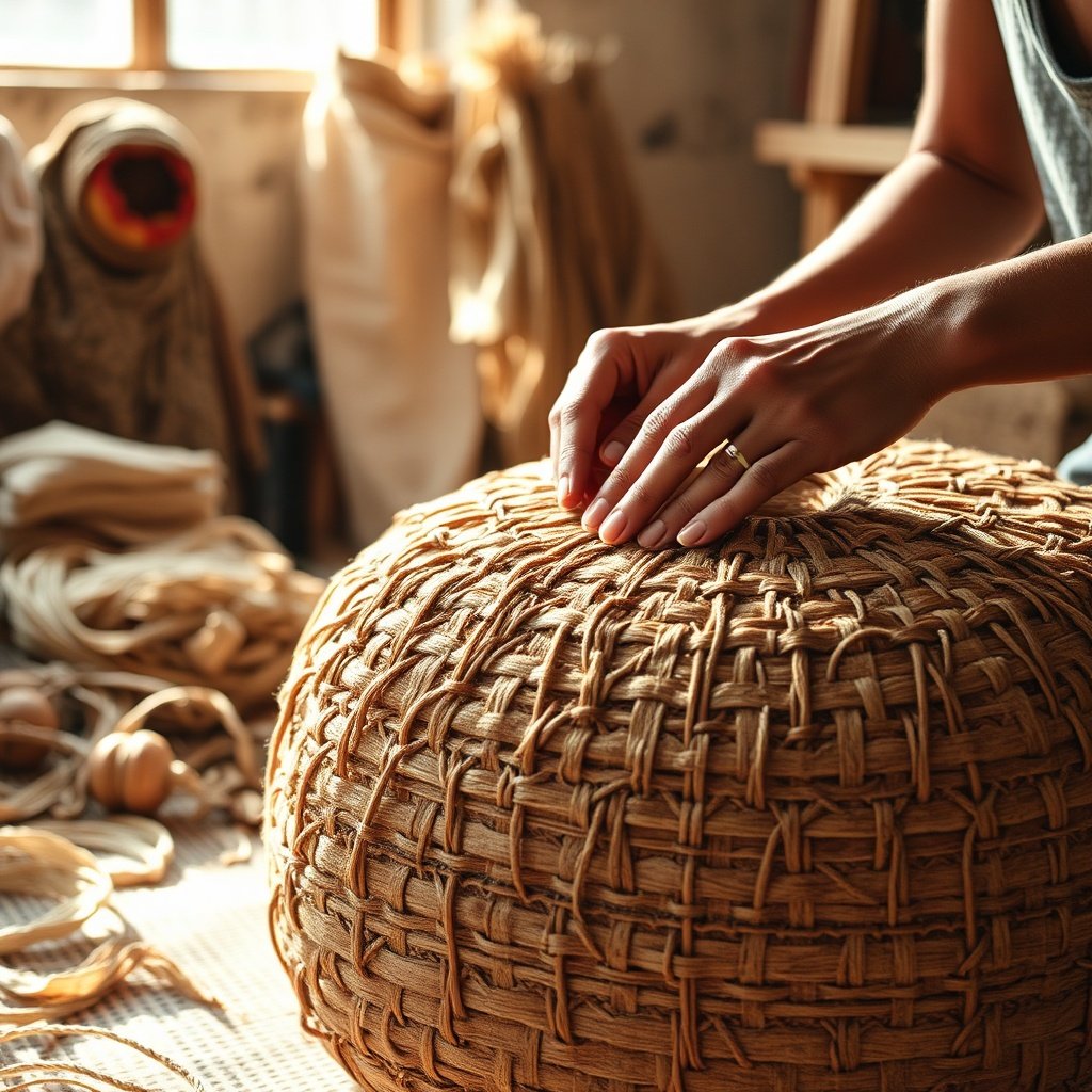 Hand weaving a recycled leather Moroccan pouf in a sustainable craft workshop