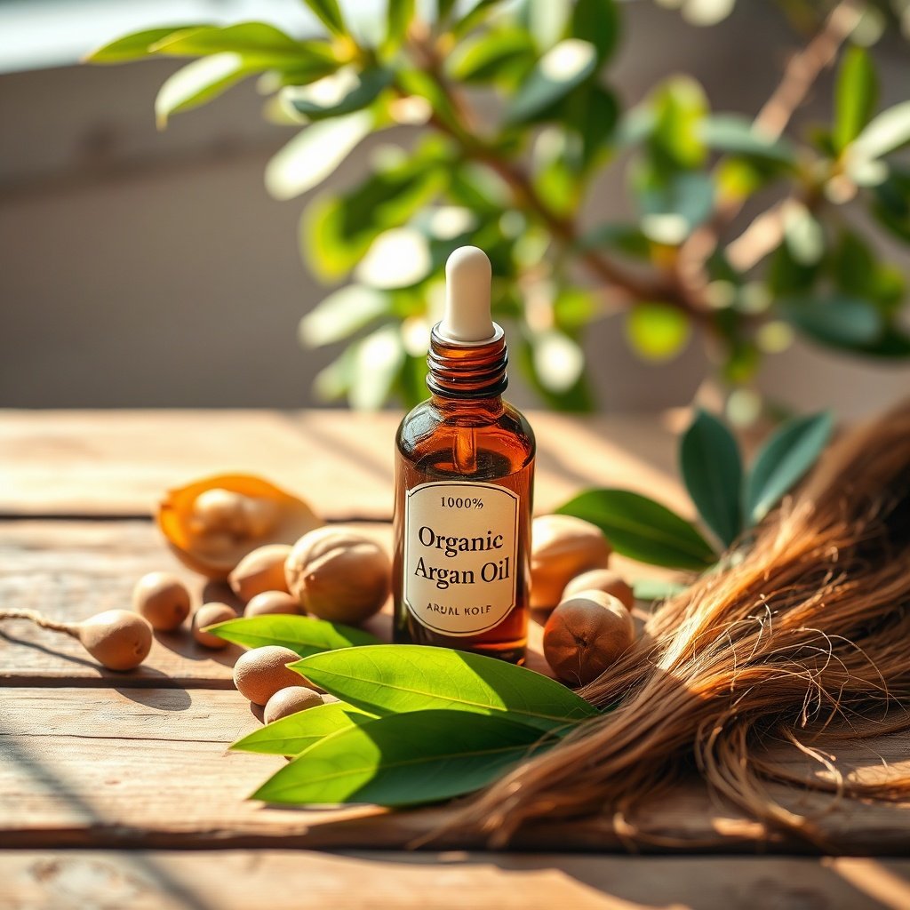 Organic argan oil bottle with dropper surrounded by argan nuts and green leaves, representing best organic argan oil for hair growth in natural setting