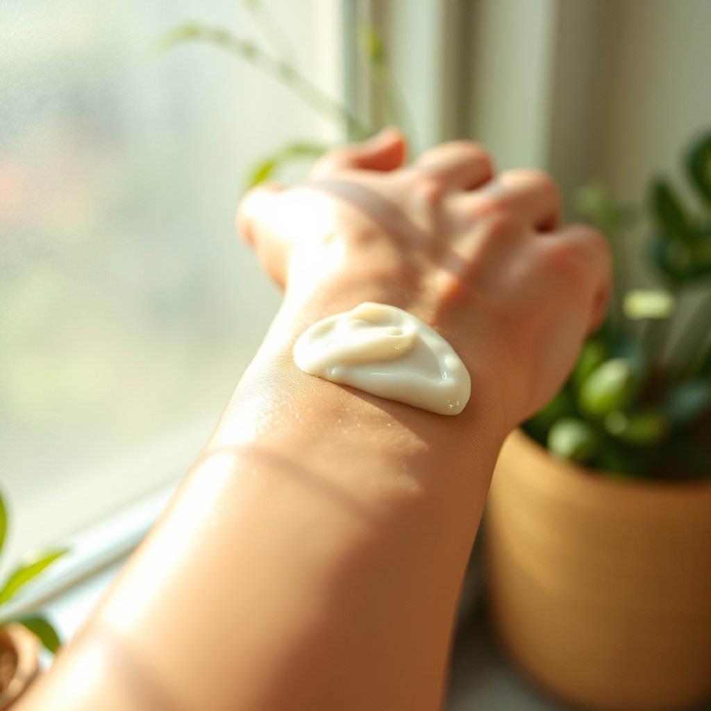 Hands gently applying probiotic moisturizer to hydrated skin, demonstrating holistic body care wellness tips for microbiome balance and barrier repair.