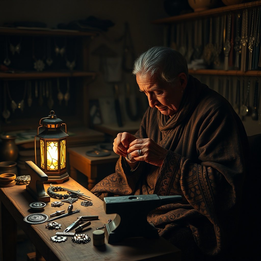 Berber artisan woman handcrafting silver jewelry in a traditional workshop, illustrating the ancient heritage of Berber crafts and Amazigh metalworking skills