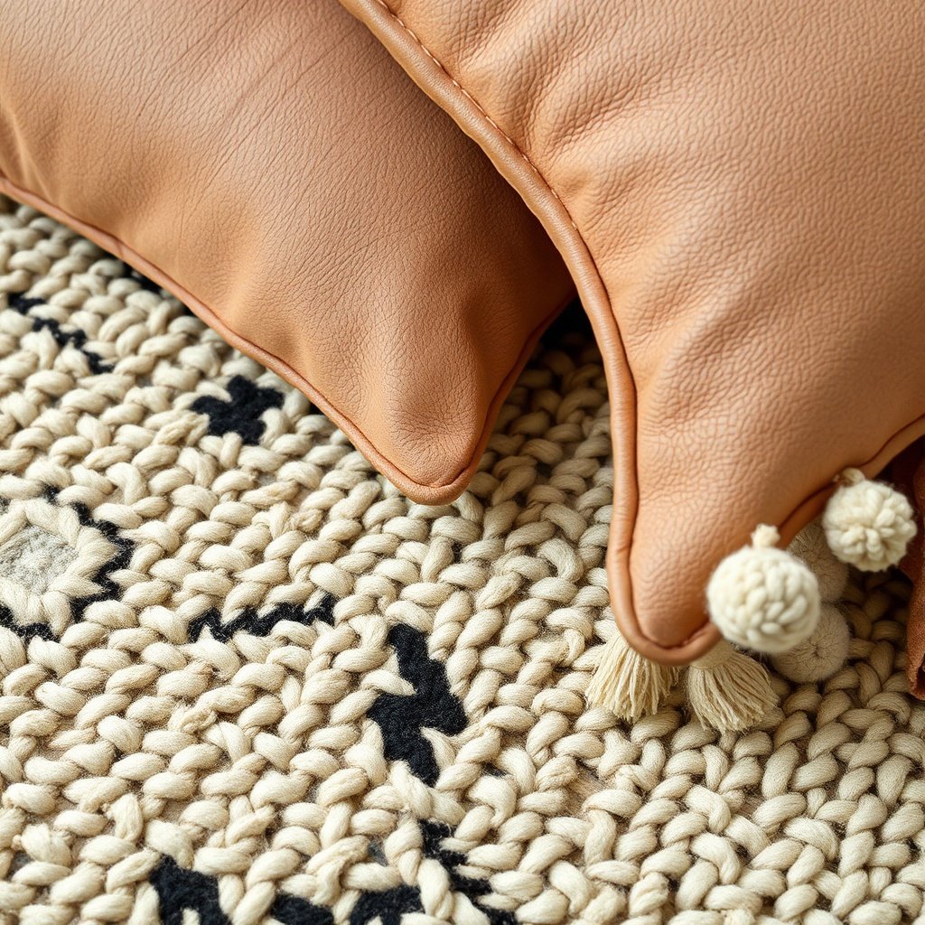 Close-up view of handcrafted Berber home decor textures showing wool rug details and leather accents.